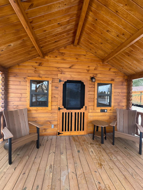 This is the porch of one of our cabins you can use when you visit Charley's RV Resort Campground